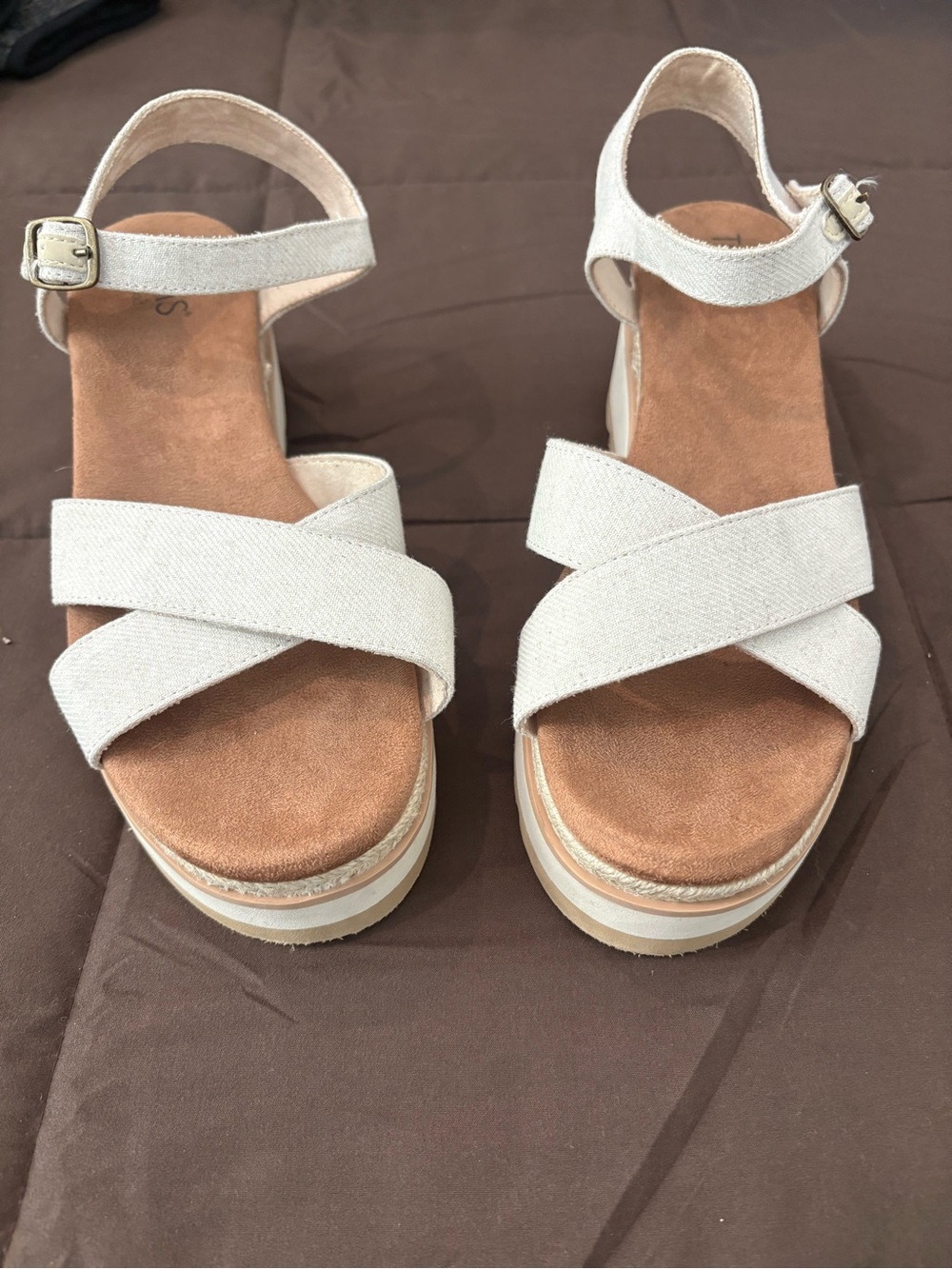 Toms Cream Crisscross Ankle Strap Platform Sandals - Women's